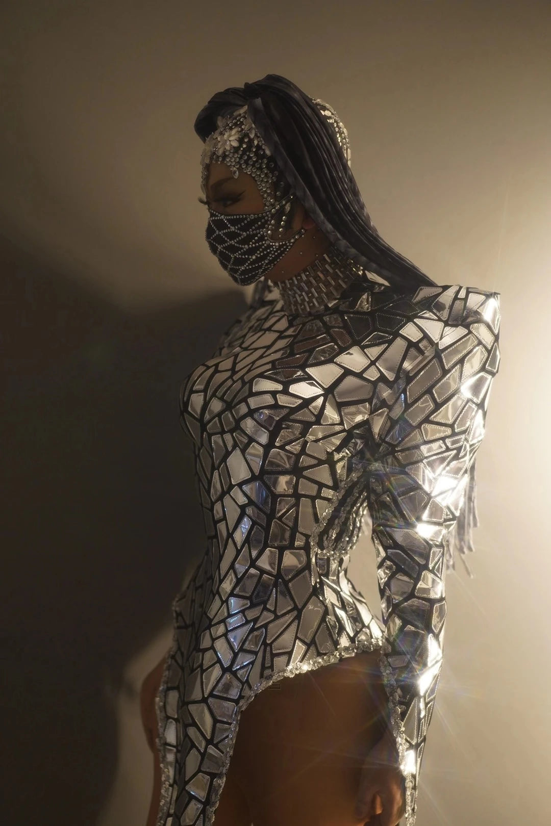 Nightclub Party Stage Show Wear Silver Sequins Backless High Slit Dresses for Women Dancer Singer Performance Reflective Costume