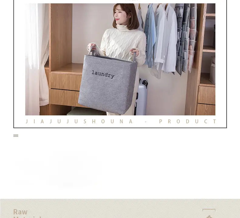 Gray fabric foldable laundry basket with laundry printed in black lowercase letters on the front designed for efficient storage baskets use.
