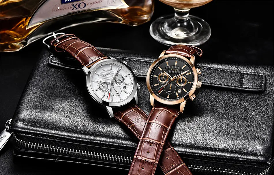 Two elegant lige men’s leather chronograph quartz watches with brown leather straps and metallic cases featuring one silver dial and one black dial.