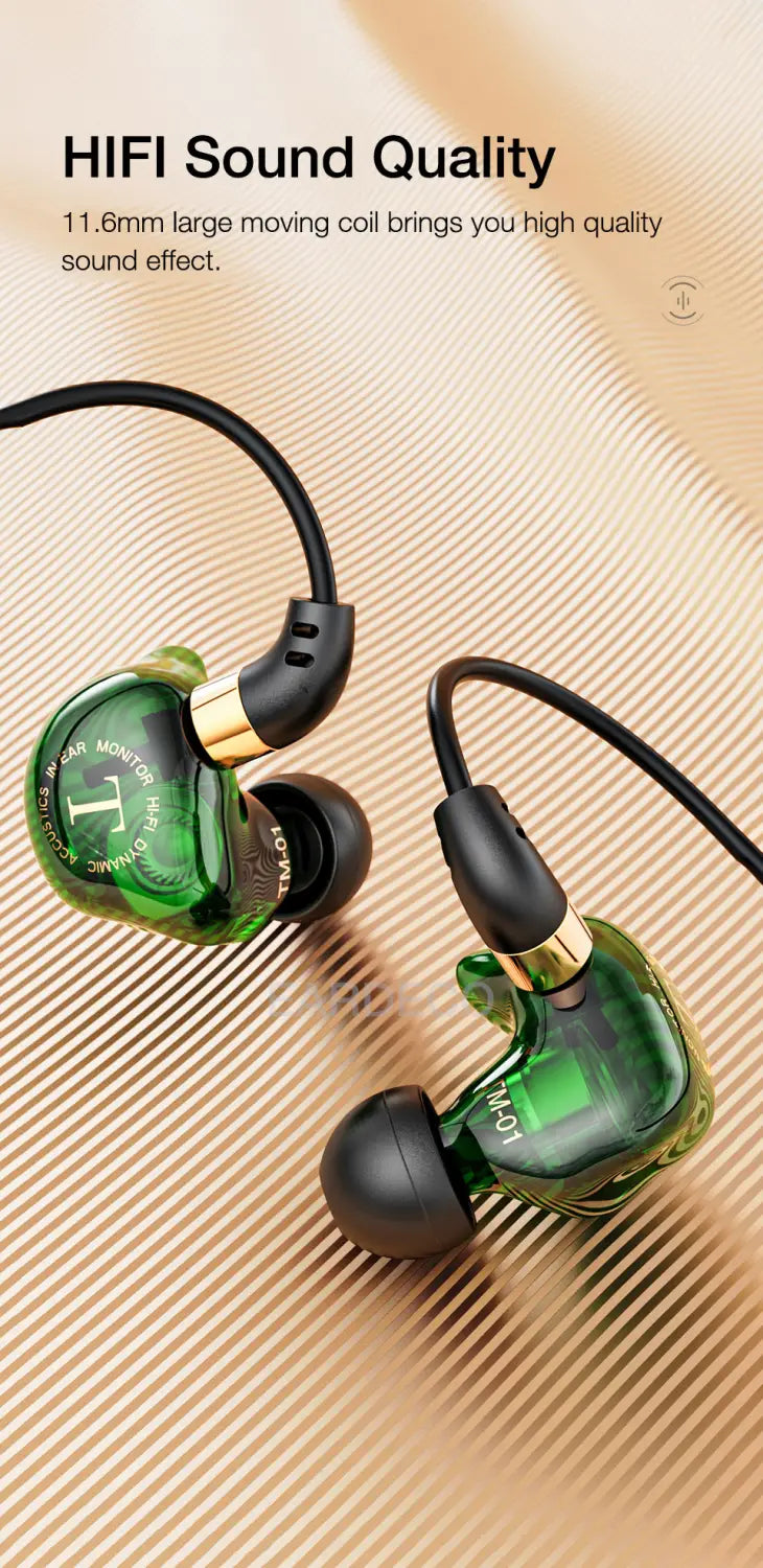 Casque d’écoute filaire vert translucide avec accents noirs et dorés, micro stéréo intra-auriculaire pour un son clair et une utilisation mains libres