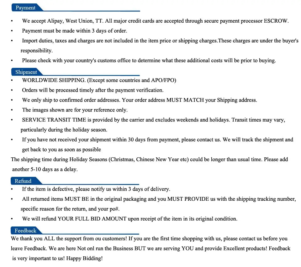 The image displays a text-heavy document outlining payment, shipping, refund, and feedback policies for the foldable newborn bath mat and cushion.