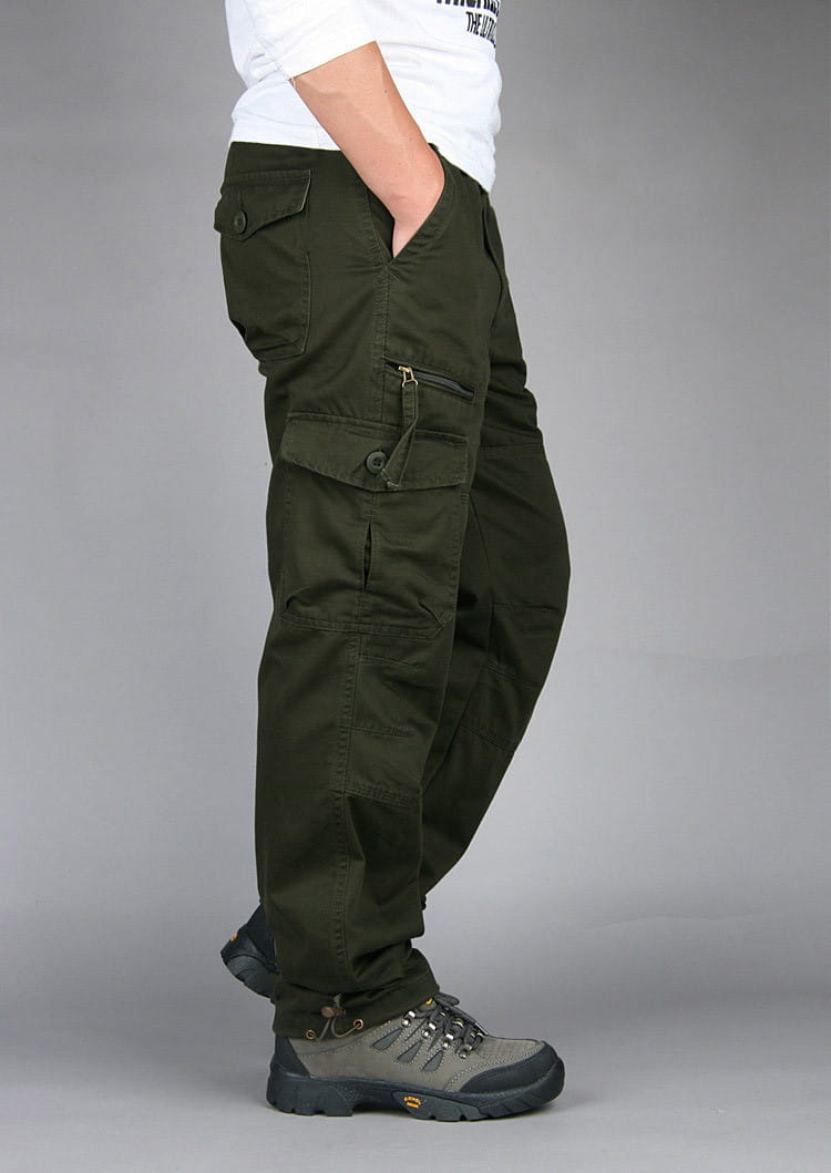 Men tactical cargo pants cotton work trousers in olive green with multiple pockets and a relaxed fit.