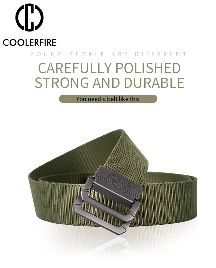 Olive green tactical canvas webbing belt made of woven material with a sleek silver-toned metal automatic buckle.