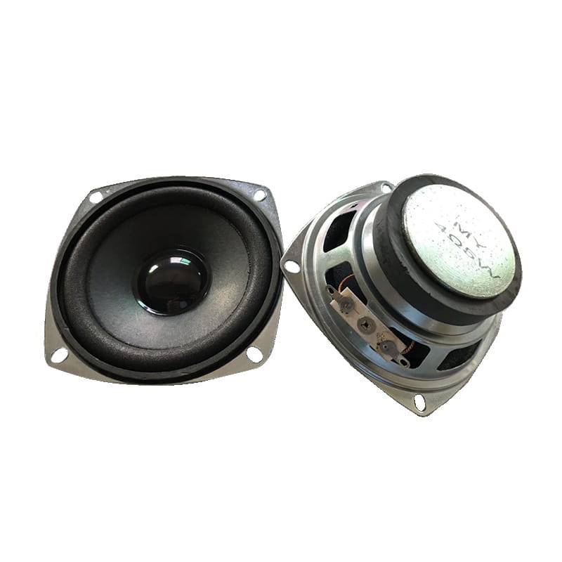 Black and silver 40mm 3 inch 5w full range speaker driver units with square mounting frames.