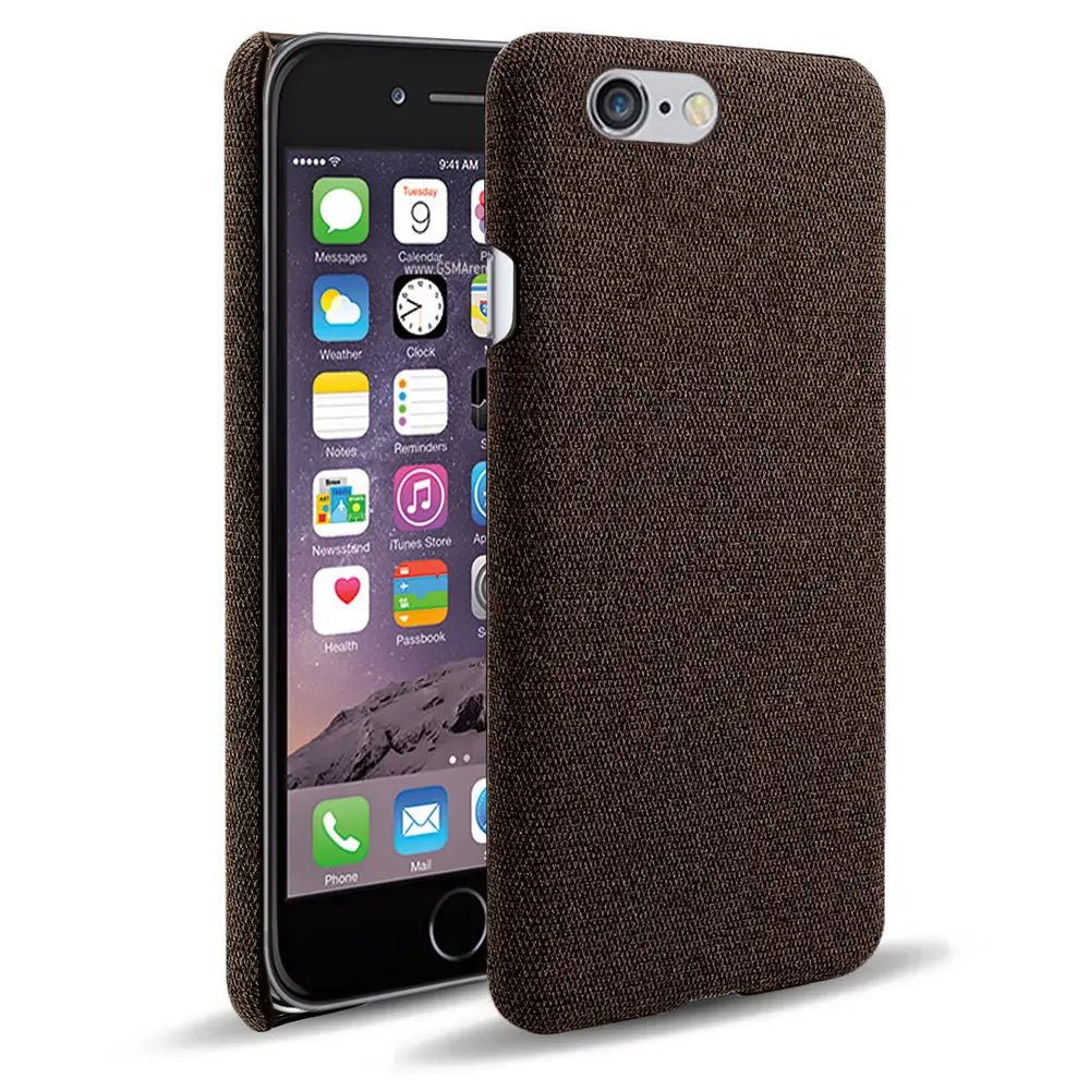 brown textured fabric hard case for iPhone SE 2016 shown from the back with a slim gray cover design