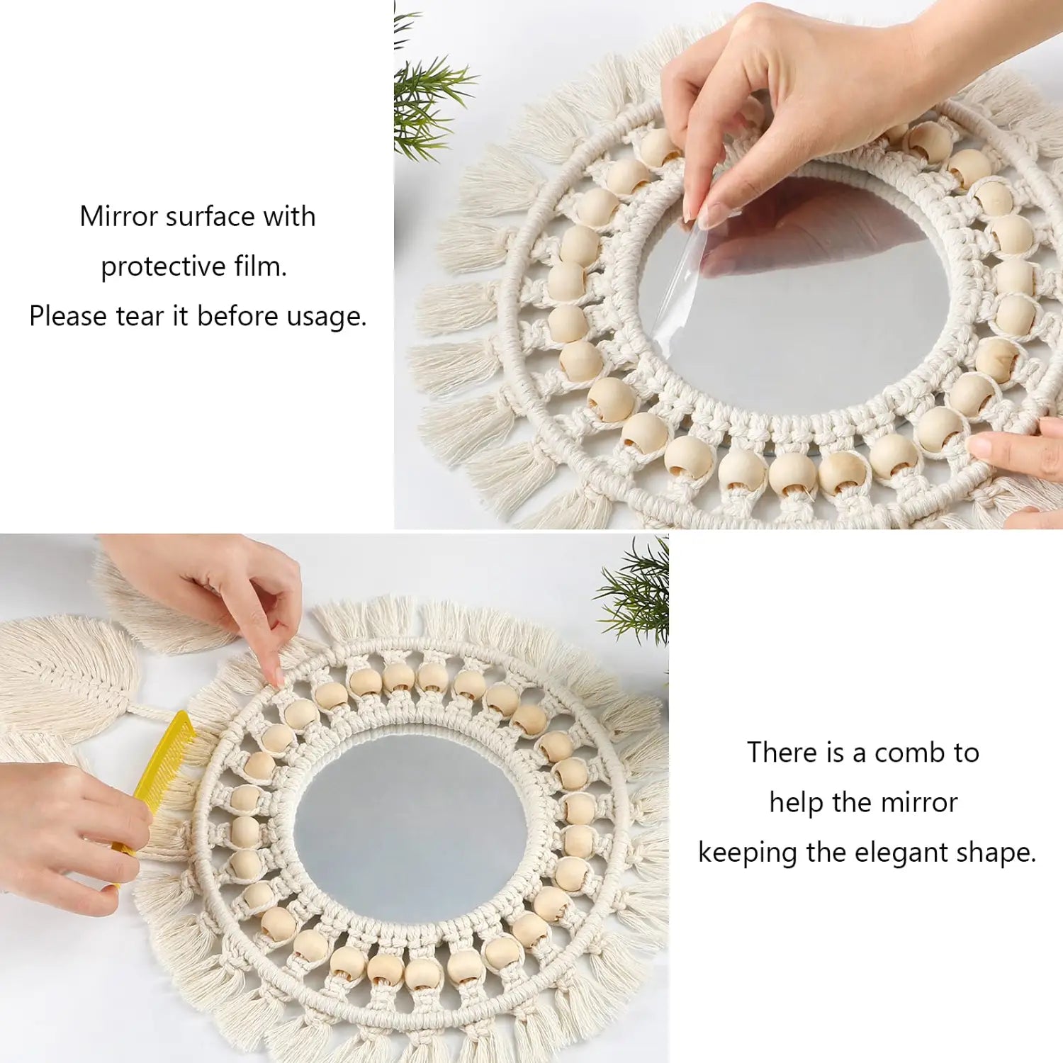 Boho macrame wall mirror with a cream-colored woven frame, wooden beads, and tassels, ideal for living room home decor.