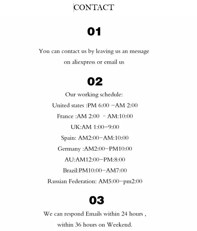 Contact information page displaying contact details and working hours for various countries related to the leather car keychain set genuine lanyard key holder.