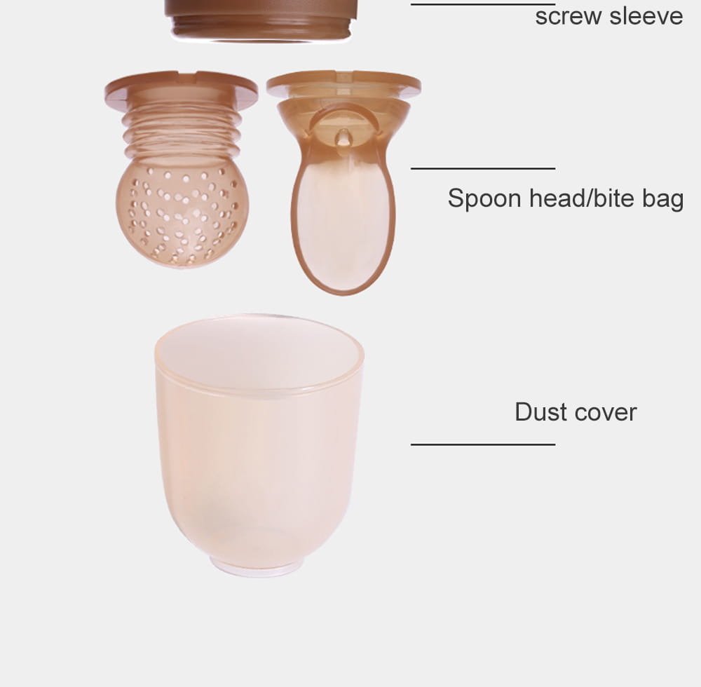 Transparente Silikon-Babysqueeze-Feedingflasche und Löffelspender mit perforiertem Löffelkopf und Schraubhülse für einfaches Füttern.
