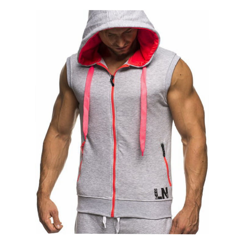 Men sleeveless zip hoodie gym tank top activewear in gray with a red-lined hood, pink drawstrings, full-length zipper, and side pockets.