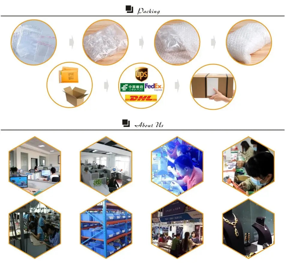 The image displays a collage of packaging materials and logistics items including clear plastic bags with red text, bubble wrap, cardboard boxes, shipping logos for UPS FedEx DHL and China Post, alongside an office environment related to the crystal Fishbone gold necklace pendant jewelry product.
