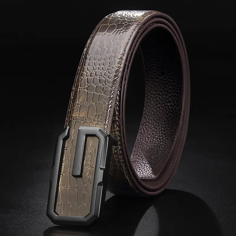 Herren-Krokodilledergürtel mit einem eleganten, metallisch braunen Krokodilmuster und einer modernen schwarzen Schnalle.