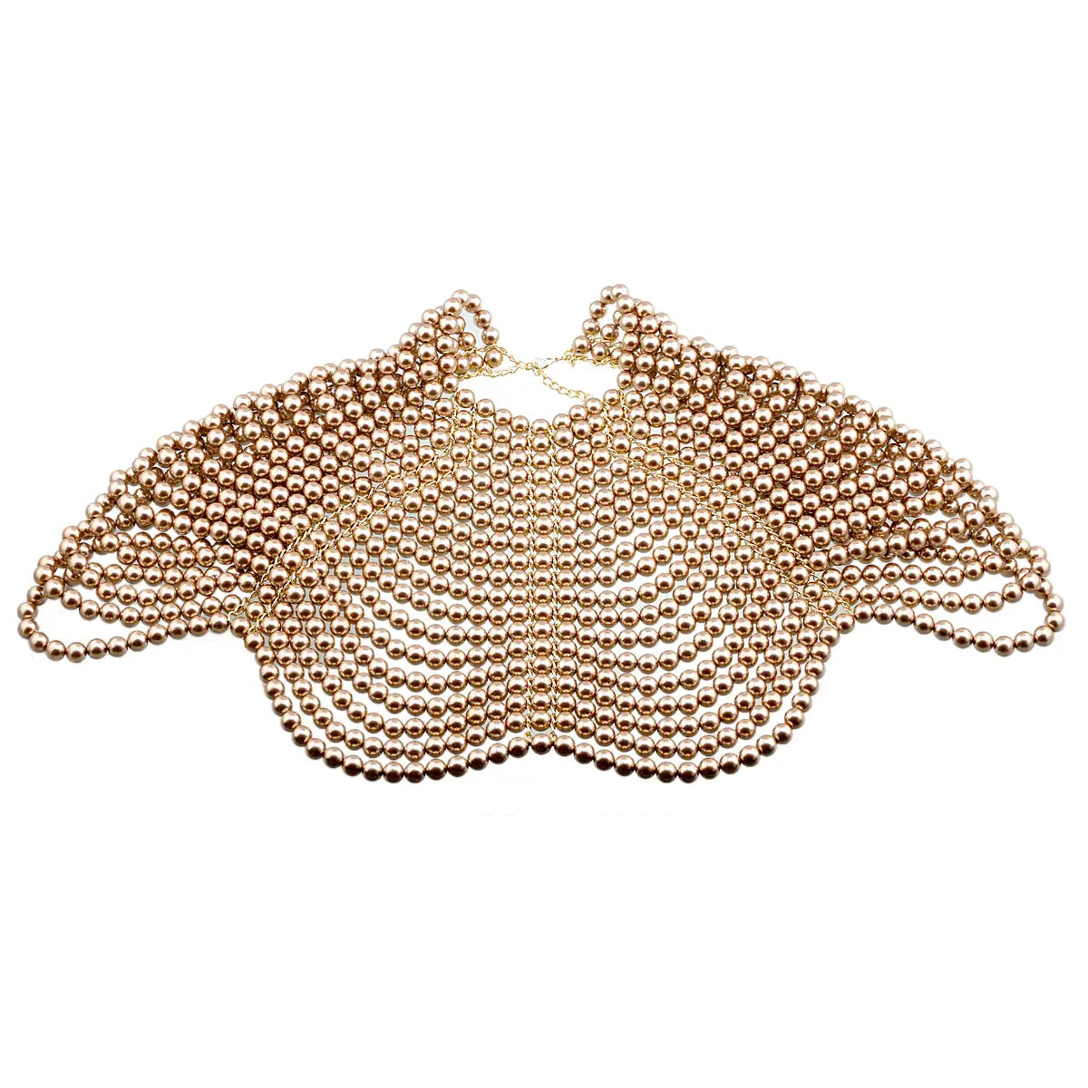 Un collier ras du cou délicat en perles rose gold, avec un design superposé de type maille, présenté comme un collier de mode en chaîne corporelle de perles.