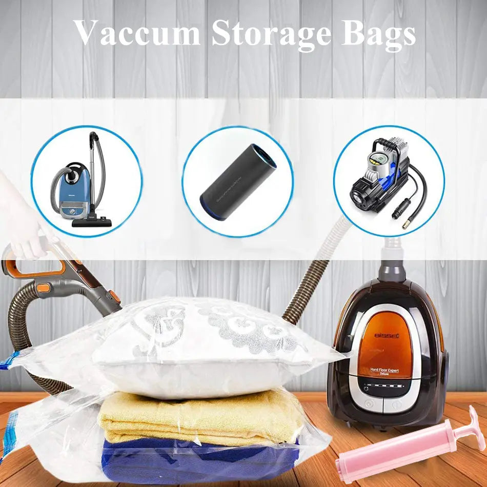 Sacs de stockage sous vide transparents avec pompe manuelle, présentant un design de sac de compression contenant un oreiller blanc et des serviettes pliées pour un rangement peu encombrant de la literie et des vêtements