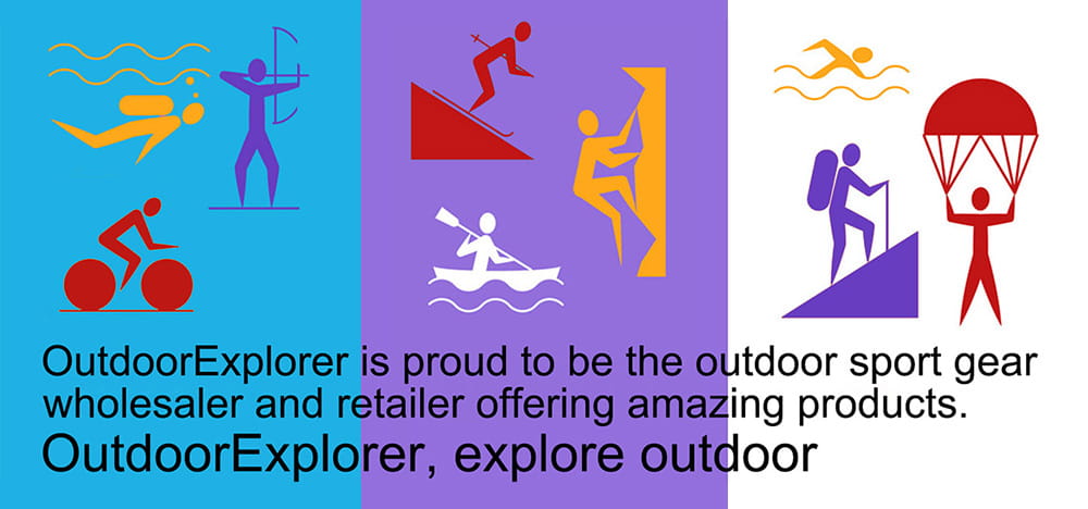 Outdoorexplorer logo with colorful outdoor sport icons on a blue purple and white background for scuba diving water activated safety led beacon product.