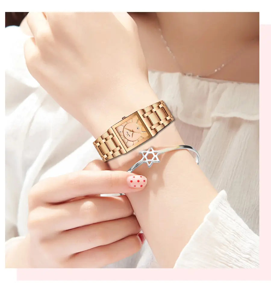 Gold-toned rectangular Wwoor Blue Square women watch with a sleek stainless steel metal bracelet and minimalist dial.