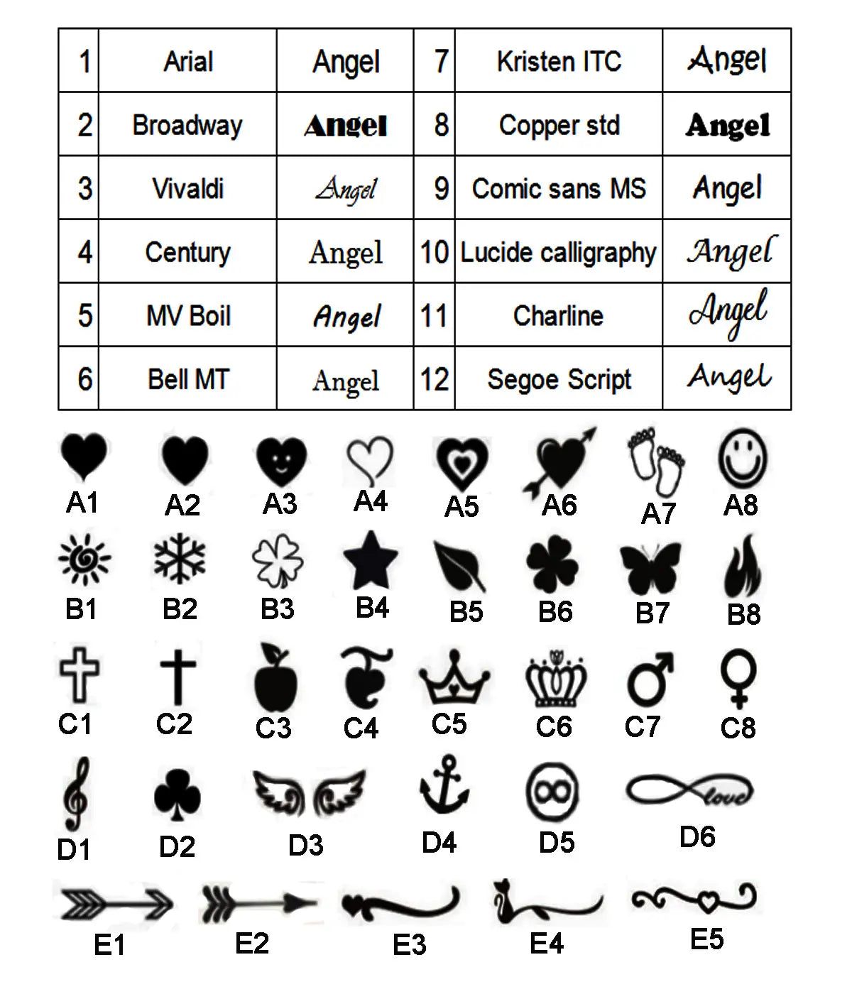 the image shows a grid of font and symbol options including serif, sans-serif, script, and decorative styles for a custom phone number keychain laser engraved metal key ring.