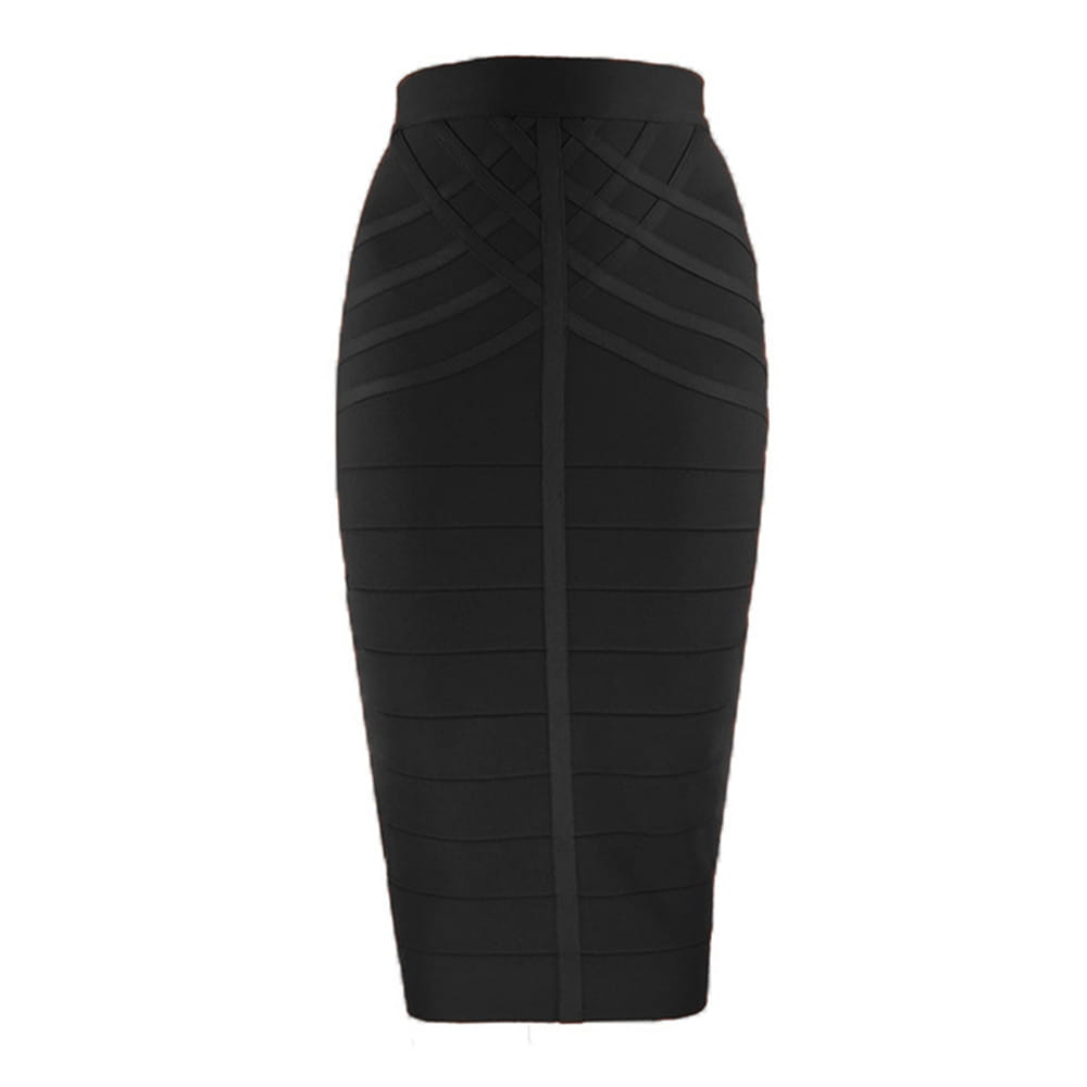 Jupe midi crayon bandeau noire à taille haute, pour femme, avec un design côtelé structuré.