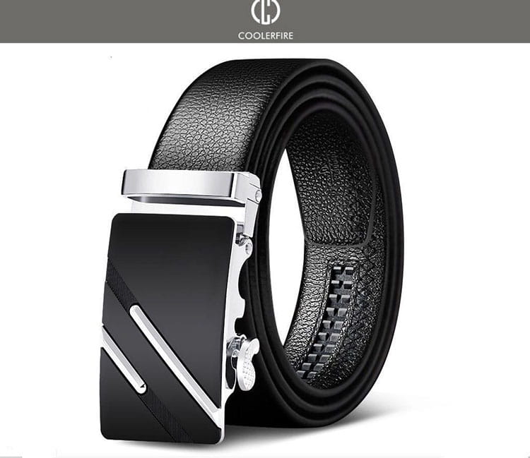 Men automatic leather belt in black featuring a sleek silver-toned automatic buckle with diagonal metallic stripes and the Coolerfire brand logo.