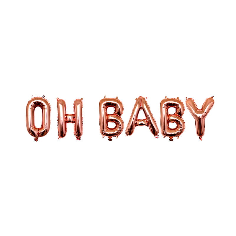 Ballons en feuille métallique rose gold en ensemble de lettres formant « oh bébé » pour la décoration de baby shower.