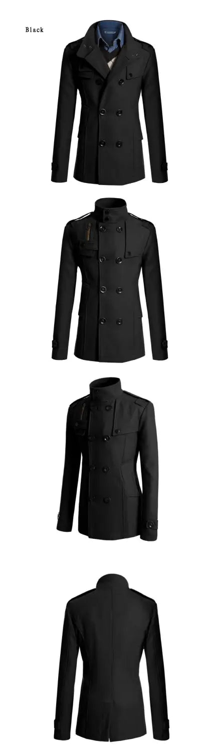 Manteau trench en laine noire pour homme à double boutonnage, col haut et poignets boutonnés, présenté depuis l’arrière.