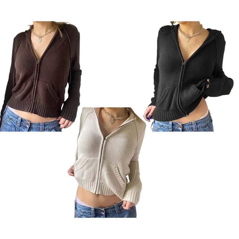 Women Autumn Hoodies Sweater Cardigan Knit Long Sleeve Crop Top Harajuku Color Zipper Front Warm Fit Outwear