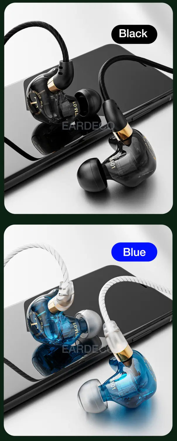 Casque d’écoute filaire : écouteurs transparents noirs et bleus avec accents dorés, conception élégante intra-auriculaire dans un vert émeraude avec micro stéréo.