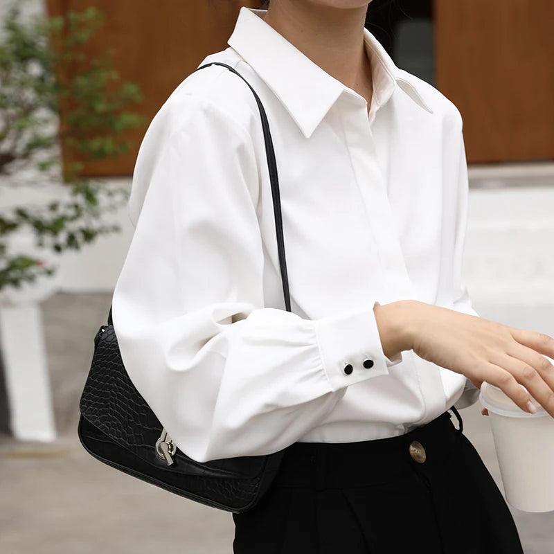 OL Style Formal Women White Shirts Turn-Down Collar Blouse Tops Elegant Workwear Female Blusa Single-Breasted Shirts Long Sleeve