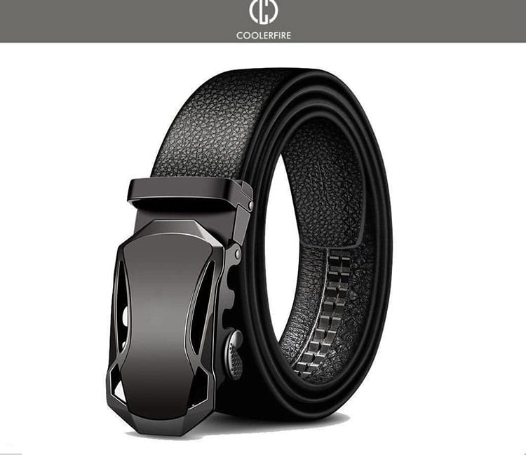 Men automatic leather belt in black with a sleek matte-finish metal buckle featuring an automatic release mechanism