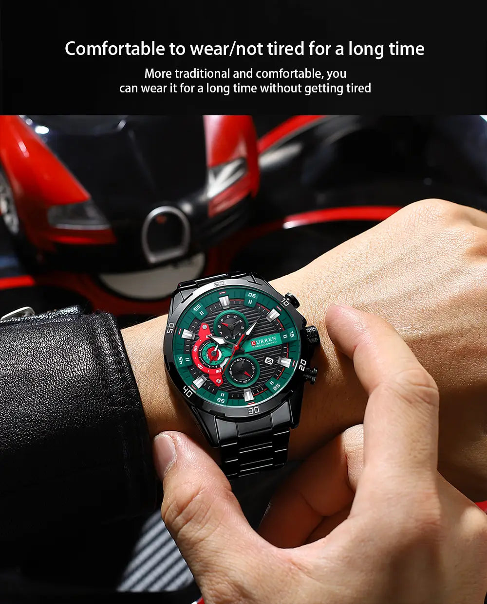 Curren men black green chronograph stainless steel watch with a black metal case and a vibrant green and red dial featuring multiple subdials and bold markings.