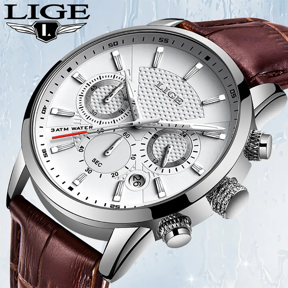 Lige men’s leather chronograph quartz watch with a silver case white dial brown leather strap and textured subdials.