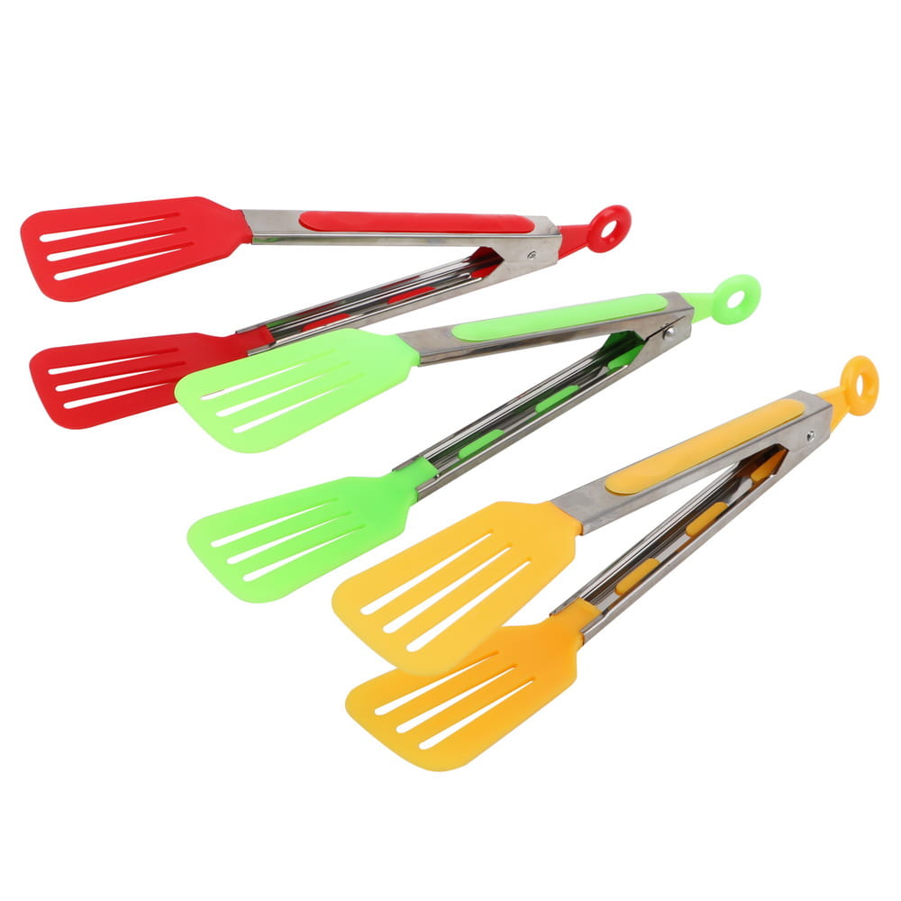Set of three colorful silicone kitchen tongs in red green and yellow with silicone-coated metal for non stick cooking utensil use.