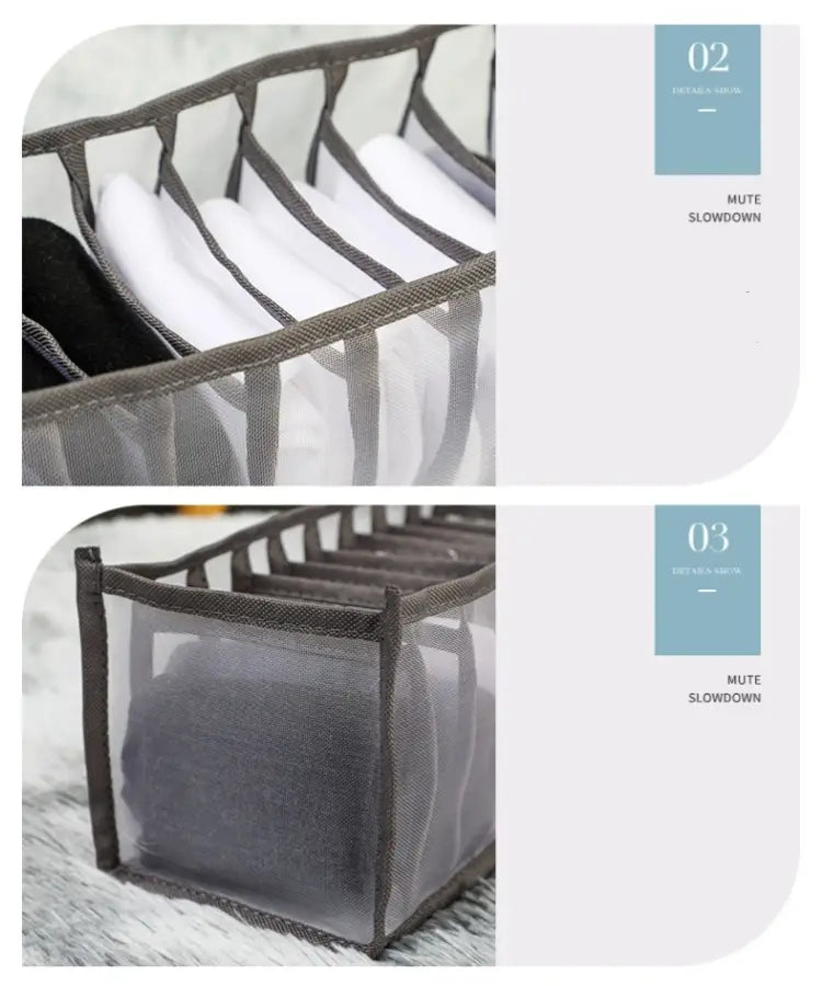 Organizador para cajón de armario de malla gris con bordes de tejido reforzados, diseñado para almacenar de forma ordenada ropa interior y calcetines doblados.