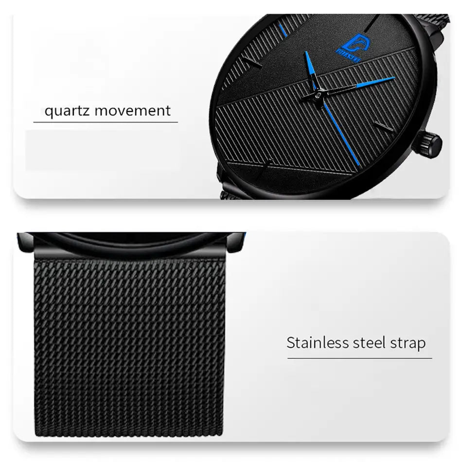 Minimalistische schwarze Quarzarmbanduhr für Herren mit strukturiertem schwarzem Zifferblatt, blauen Zeigern und einem Metall-Mesh-Armband aus Edelstahl.