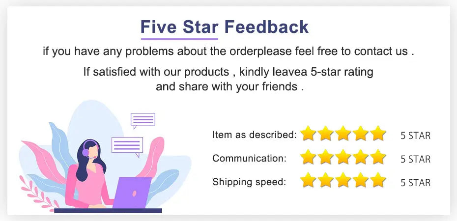 Five-star feedback graphic featuring a cartoon woman with headphones and laptop surrounded by stylized leaves for xiaomi redmi note 12 pro back glass replacement black highlighting shipping fee benefits.