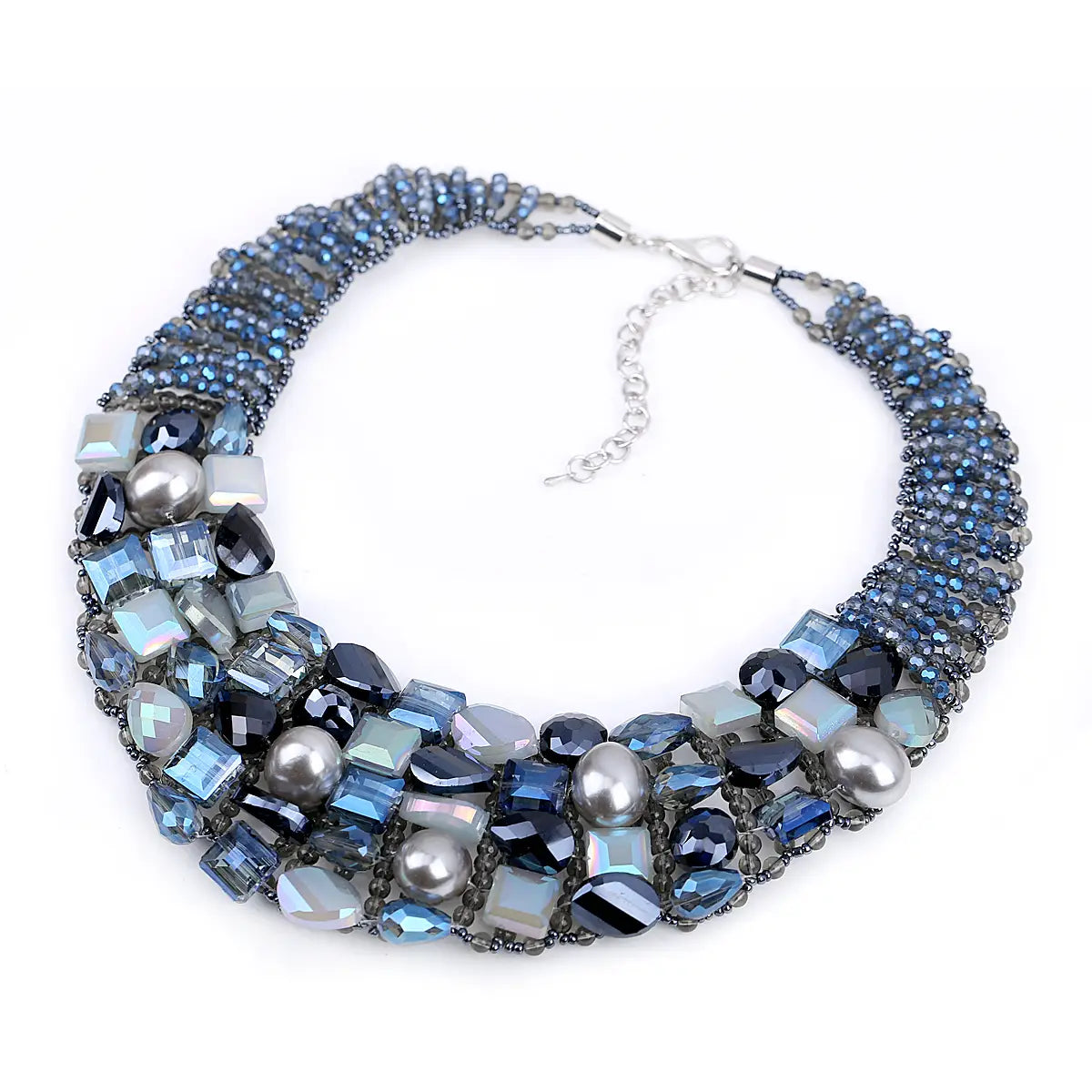 Crystal pearl statement choker necklace with layered strands of blue and silver-toned crystals pearls and metallic beads with a sleek silver clasp.