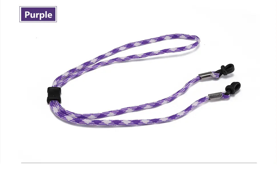 Purple and white checkered braided eyewear strap with black plastic ends for non-slip sports use.