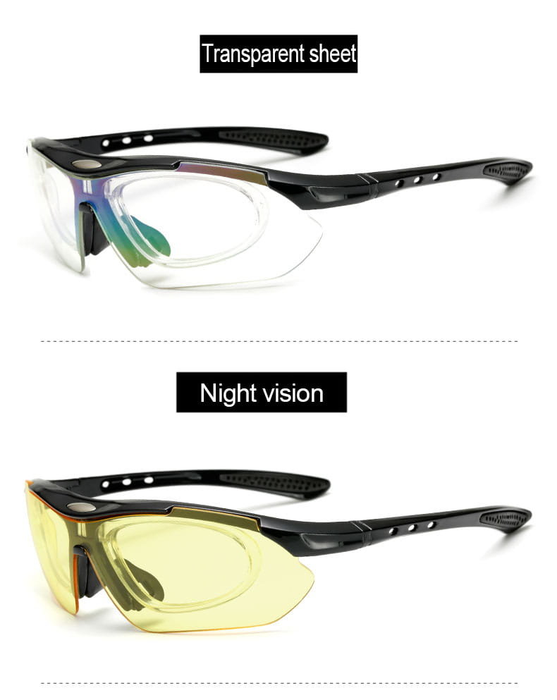 Lunettes de cyclisme à monture noire avec verres transparents et teintés jaune interchangeables, conçues pour des lunettes de sport à vision nocturne.