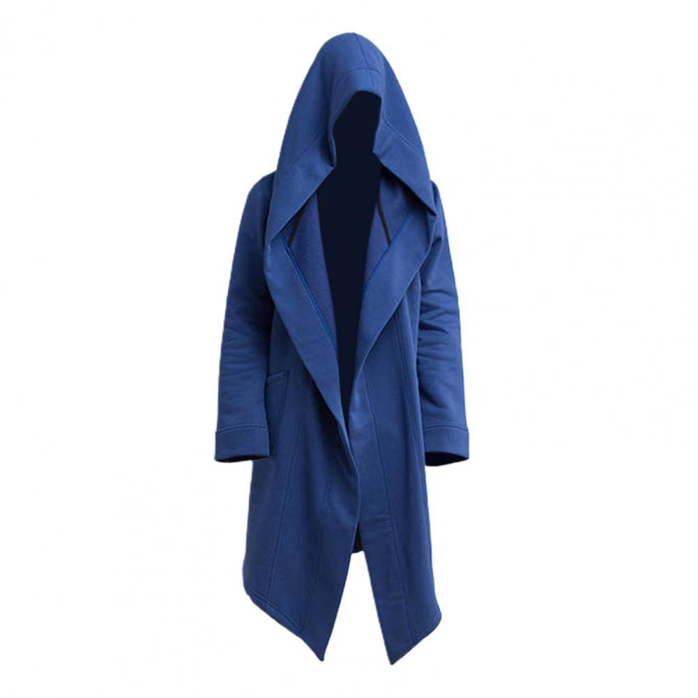 Capa larga gótica con capucha para hombre en azul profundo, con un diseño moderno y elegante y detalles de costura sutiles.