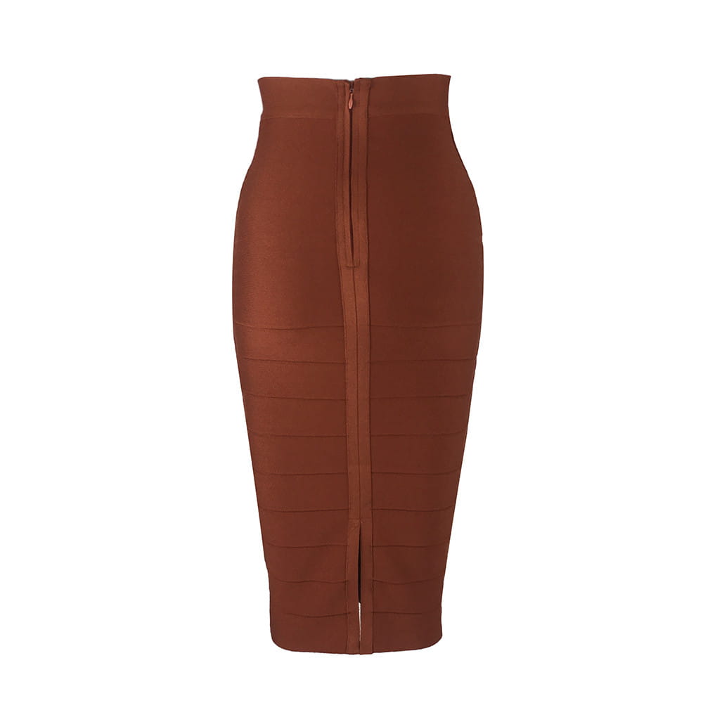 Jupe midi bandeau pour femme couleur rouille au style épuré, avec fermeture éclair centrale et détails de couture horizontale discrets.