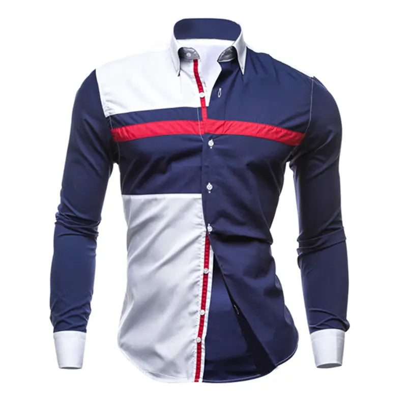 Men striped slim fit long sleeve casual shirt in navy blue white and red color block with contrasting trim.