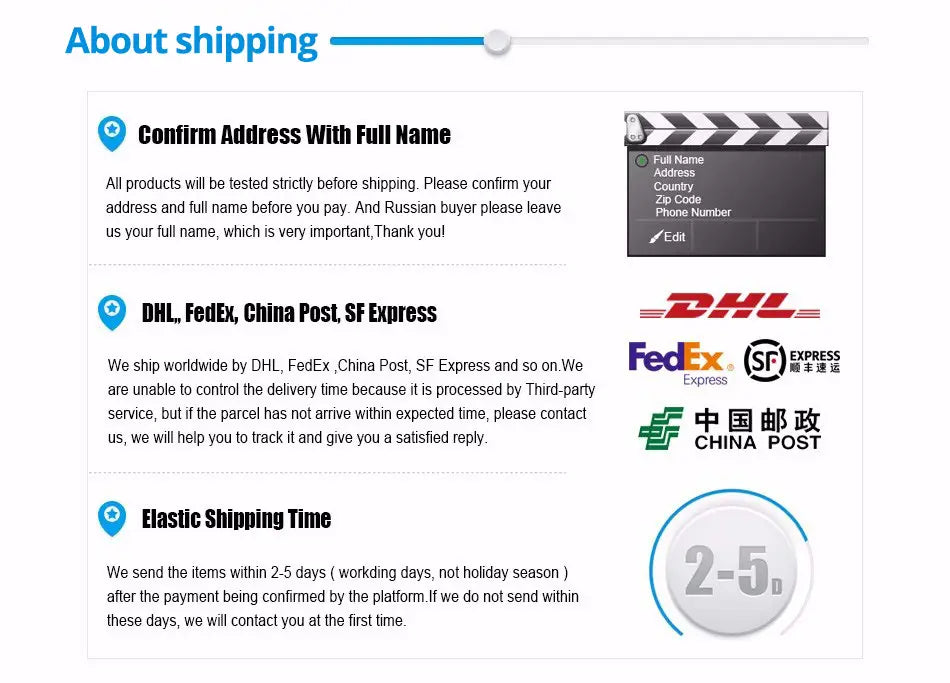 the shipping information page for a rose gold digital led touch waterproof watch displaying dhl fedex china post and sf express logos.