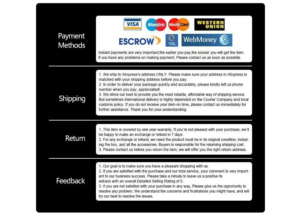 black payment methods panel displaying visa mastercard maestro western union webmoney and escrow logos for baofeng uv-5r battery charger purchase options