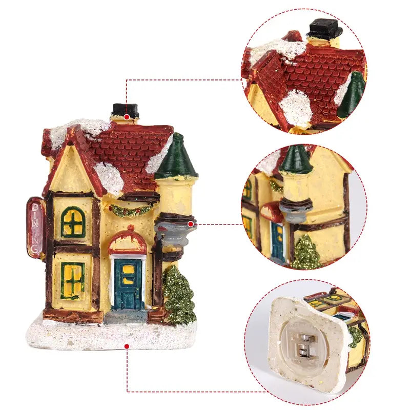 Maisons de village de Noël à LED, veilleuse à batterie, comprenant une figurine de maison miniature avec un toit en tuiles rouges, des murs jaunes et des touches vertes.