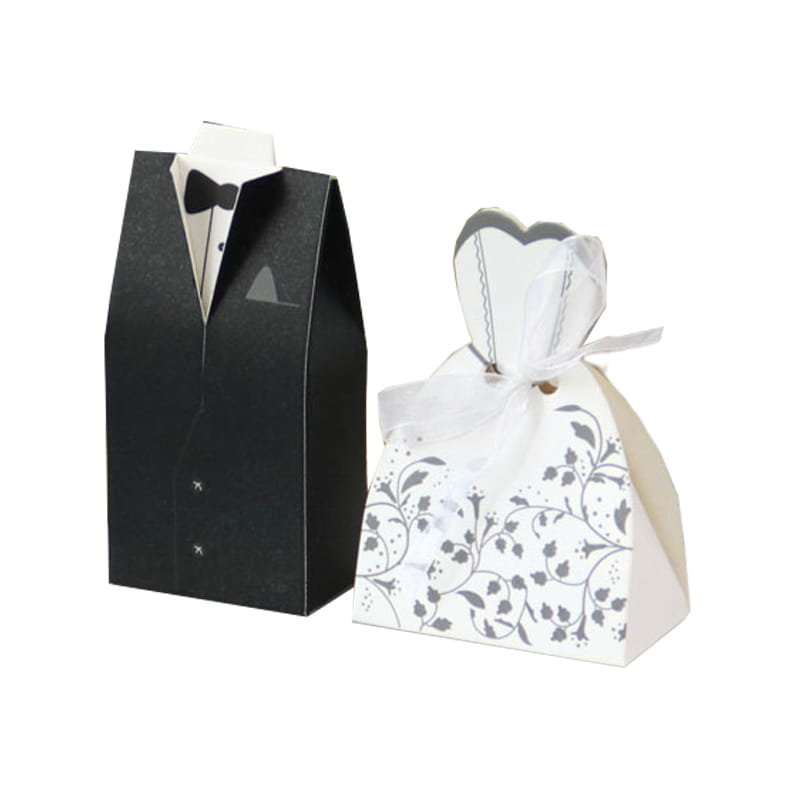 black and white paper wedding favor candy boxes shaped like a tuxedo and bridal gown for bride and groom themed events 30 pcs set
