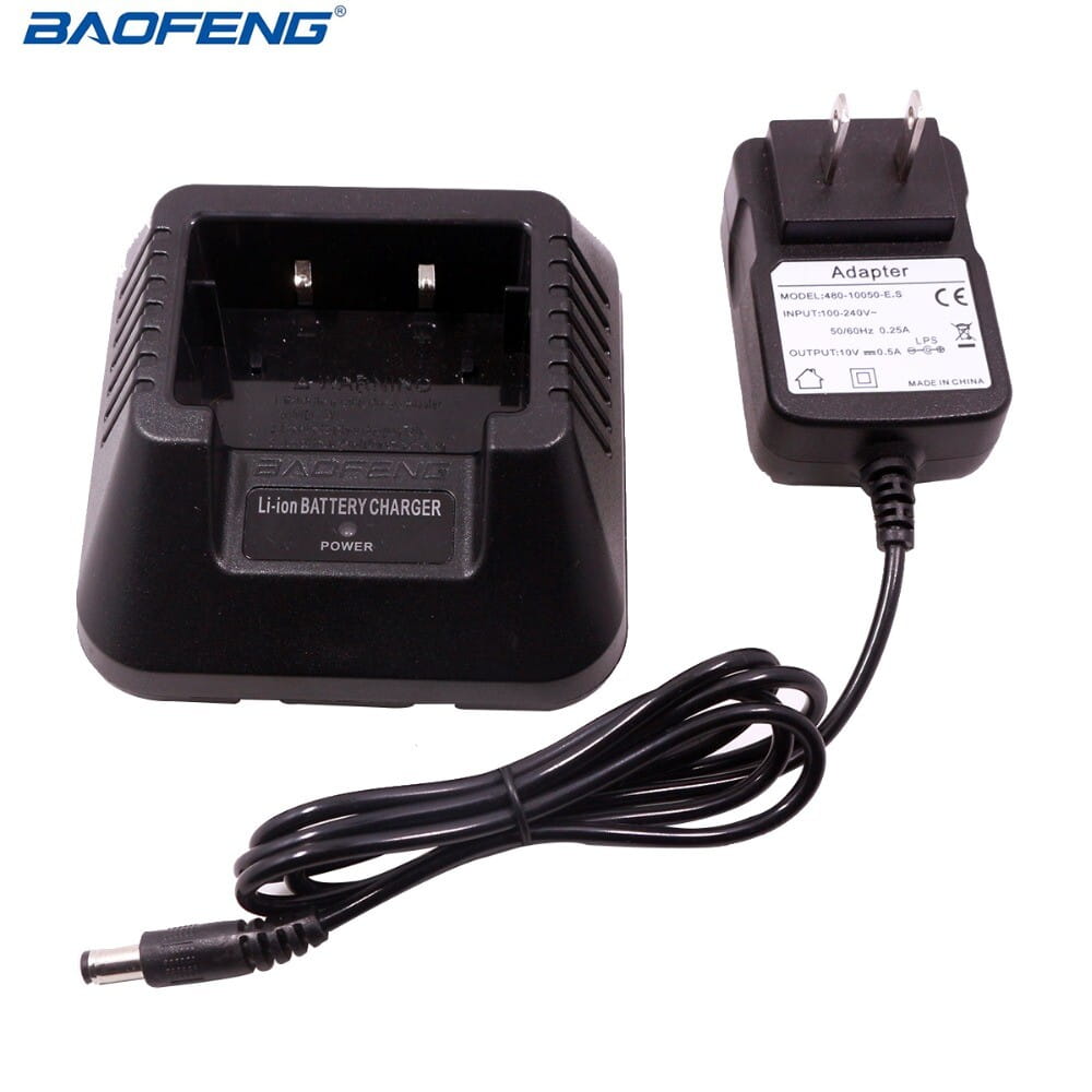 black baofeng uv-5r li-ion battery charger with matching power adapter and coiled cable designed for uv5r radios.