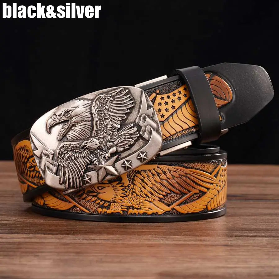 Men’s leather ratchet belt with black and silver eagle-themed buckle and detailed embossed design with star accents.