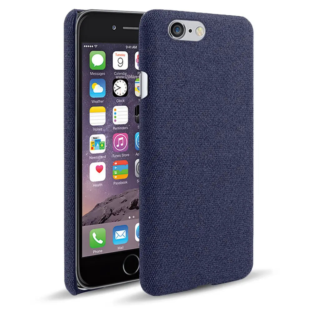 Navy blue textured fabric hard phone case for iPhone SE 2016 shown from the back side.
