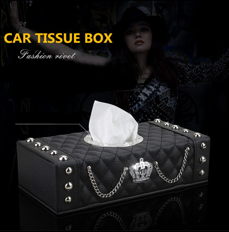 black quilted leather car tissue box with silver studs chains and crown emblem from the Crown Leather Car Steering Wheel Cover Set