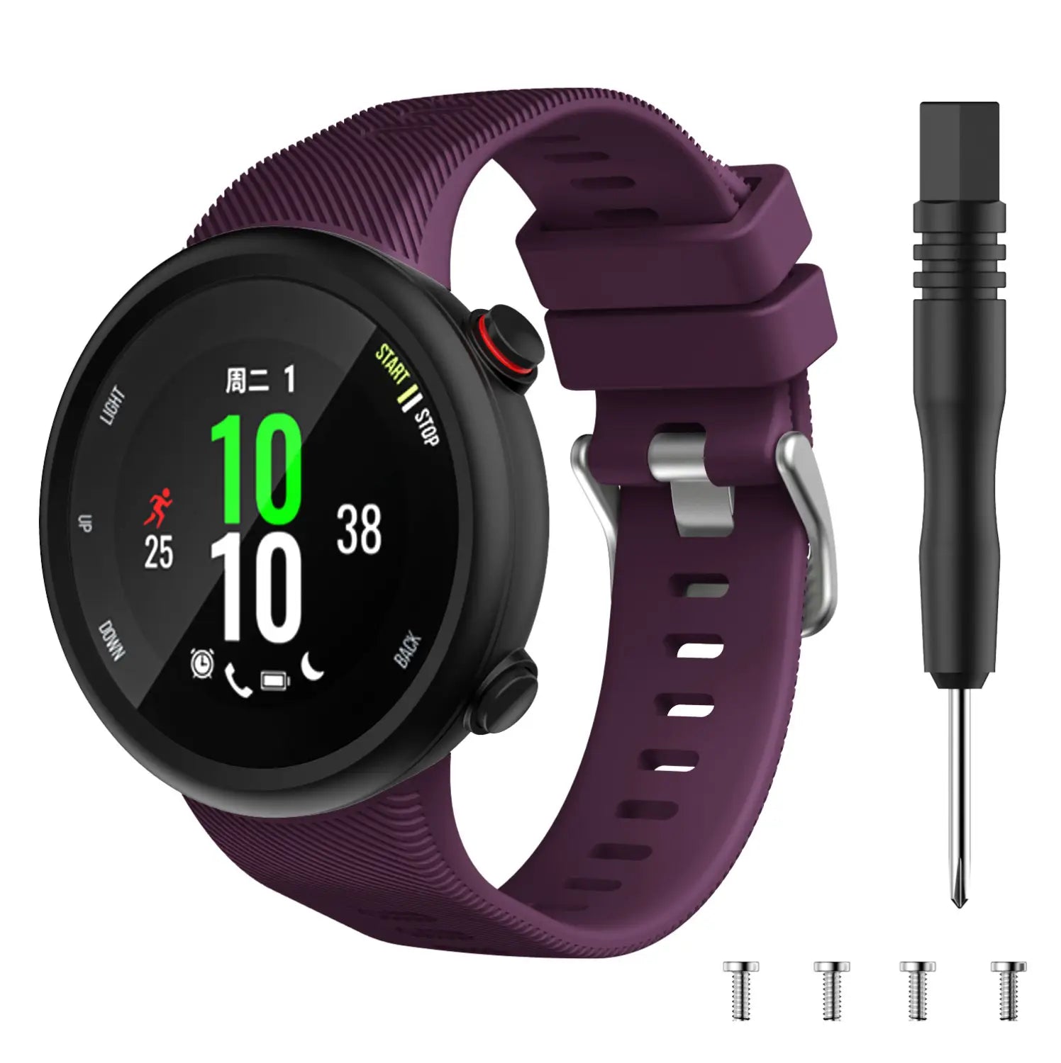 Correa de reloj deportiva de silicona morada de alta calidad para Garmin Forerunner y Garmin Swim, con hebilla plateada y herramientas de reemplazo a juego.