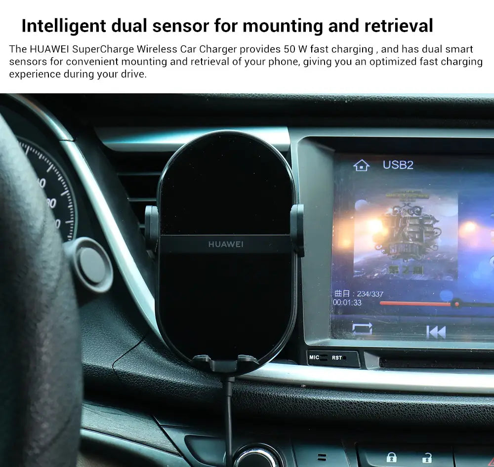 Black Huawei 50w wireless car charger with supercharge technology and dual smart sensors for mounting and retrieval.